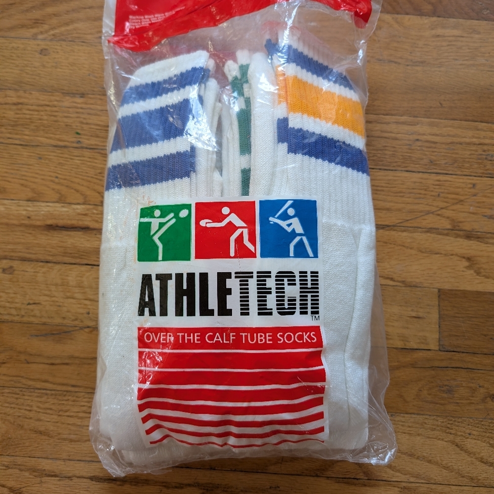 Vintage Athletech White Over-The-Calf Tube Socks Stripe Accents Men's 10-13